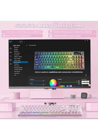 Aula F98 Pro V3 Oled Ekranlı Crystal Switch Makrolu Kablosuz Rgb Hot-swap Gasket Pre-lubed Switch Mekanik Klavye Şeffaf Pembe
