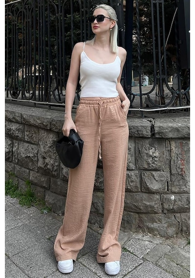 Madmext Camel Beli Büzgülü Bol Paça Kadın Pantolon Mg2011-camel Camel