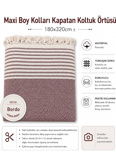 Pamuklu Kaymaz Hasır Dokuma Maxi Boy Kolları Örten Koltuk Örtüsü 180x310 - Bordo