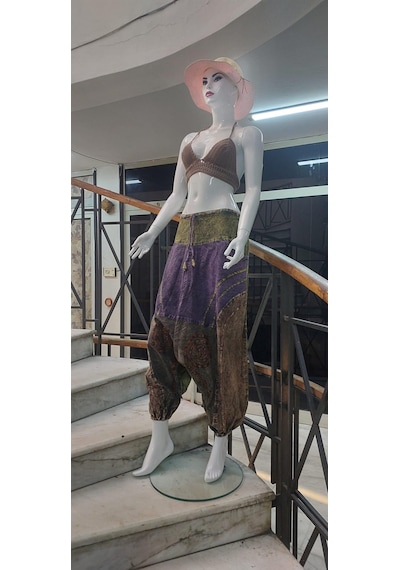 Bohem Stil Hint Otantik Yıkamalı Taşlanmış Patchwork Unisex Şalvar Pantolon-9188 Haki