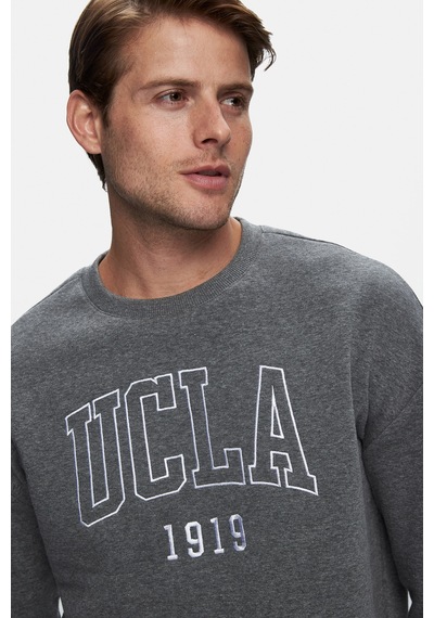 Ucla Sandhıll Koyu Gri Bisiklet Yaka Nakışlı Loose Fit Erkek Sweatshirt Siyah