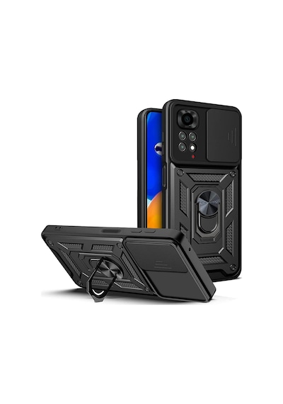 Fibaks Redmi Note 11/11s Uyumlu Kılıf Kamera Korumalı Sürgülü Yüzüklü Armor Military Tank Siyah