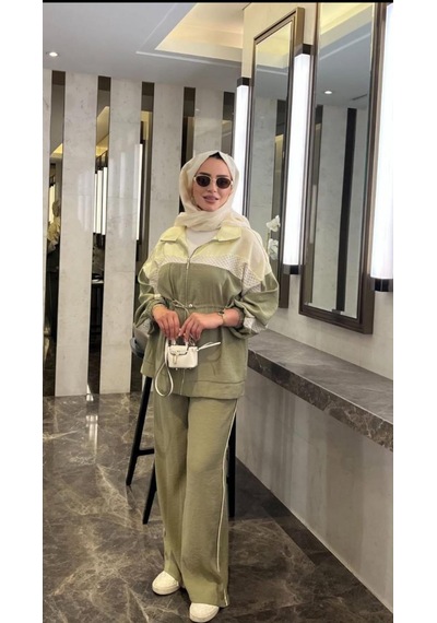 Yussewear Yw Kadın Tasarım Model Oversize İkili Takım Bej - Yeşil