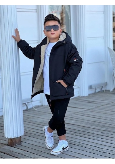 Pina Kids Erkek Çocuk Kürklü Çıkarılabilir Kapüşonlu Oversize Kışlık Mont Km4030 Siyah
