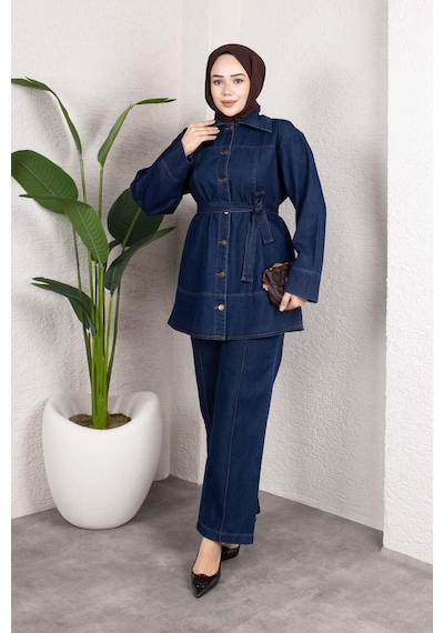 Misskayle Kuşaklı Düğmeli Denim Takım Rahat Kesim İkili Kombin Koyu Mavi Koyu