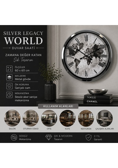 Silver Legacy World 60 X 60 Cm Metal Duvar Saati Krom