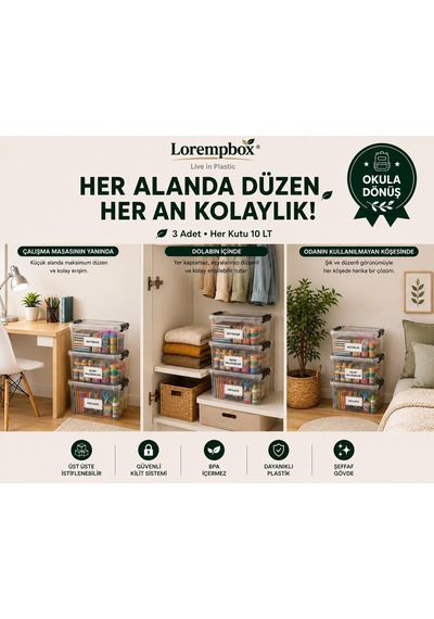 Lorempbox Çalışma Alanı Düzen Seti 3 Lü 10 Lt Şeffaf Saklama Kutusu