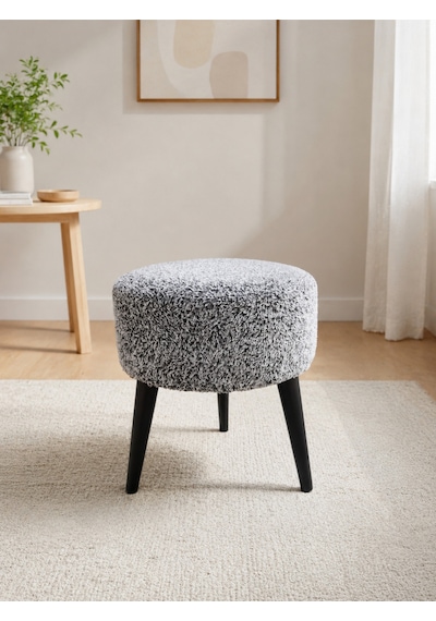 Kırçıllı Gri Welsoft Kumaş Yuvarlak Puf Ahşap Ayaklı Demonte Modern Puf Tabure 40x42 Cm