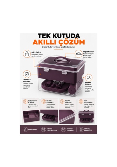 6 Kişilik 33 Parça Piknik Seti Saklama Kutulu Bpa Free Kamp Ve Seyahat Yemek Seti Mor