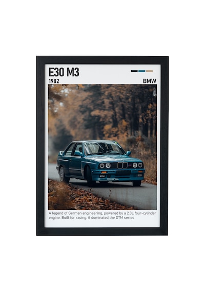 Bmw E30 M3 Ahşap Çerçeveli Poster Tablo Dtm Efsanesi Siyah