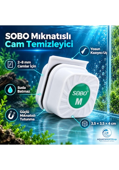 Sobo Akvaryum Mıknatıslı Cam Temizleyici - Suda Batmaz - 4 X 3.5 X 3.5 Cm - Ekstra Yosun Kazıyıcı Uç - Güçlü Mıknatıs Tutunma Gücü