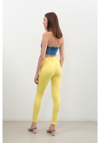 Kadın Yırtık Detaylı Jean Pantolon Sarı 001