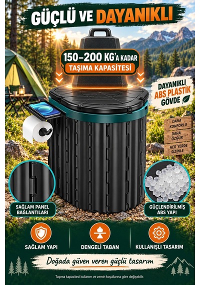 Efsane Kamp - Kompakt Akordiyon Kamp Tuvaleti Seyahat Çocuk Tuvaleti - 15 Çöp Torbası Hediyeli - Telefon Ve Tuva Siyah
