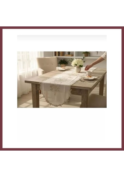 Storeşahin Masa Üzerine Runner, Masa Runneri Altın Simli İşlemeli Detaylı Simella 50 X 140 Cm Shn0720