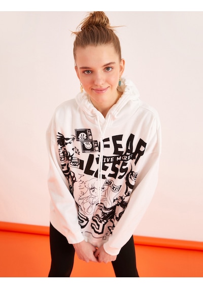 Koton Kapüşonlu Baskılı Sweatshirt Ekru 2sal10463ık