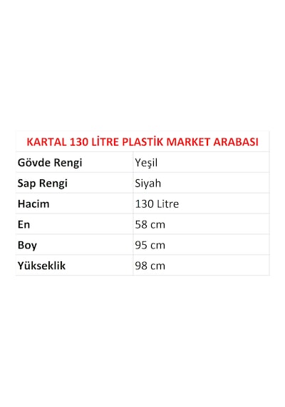 130 Litre Kartal Plastik Market Alışveriş Arabası Yeşil / En:58 Boy:95 Yükseklik:98 Cm