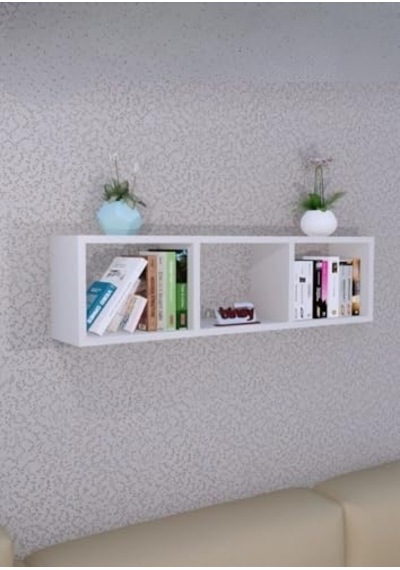 Duvara Monte Yatay Askılı Raf, 3 Bölmeli Dekoratif Duvar Rafı, Kitaplık, Aksesuar Depolama, 90x25x17cm Beyaz 90x25 Diğer