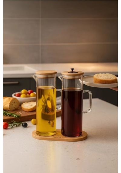 Fıre Kıng Panda Bambu Altlıklı 2 Li Cam Yağlık & Sirkelik Seti 400 Ml Şeffaf