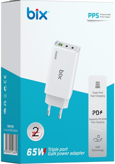 Bix BX3P66G GaN 65W Üç Portlu Şarj Cihazı Beyaz