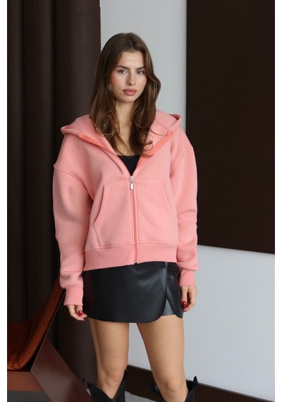 Balenbi Kadın 3 İplik İçi Polarlı Kapüşonlu Oversize Sweat Hırka 1110 Somon