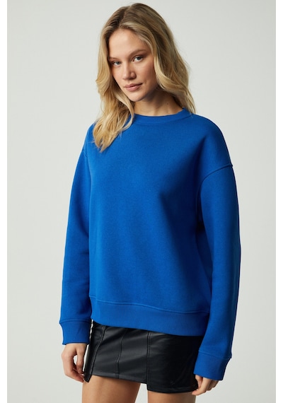 Grimelange VANELTINA Kadın Organik Pamuklu Yumuşacık İçi Polarlı Yuvarlak yakalı Parlament Mavi Sweatshirt