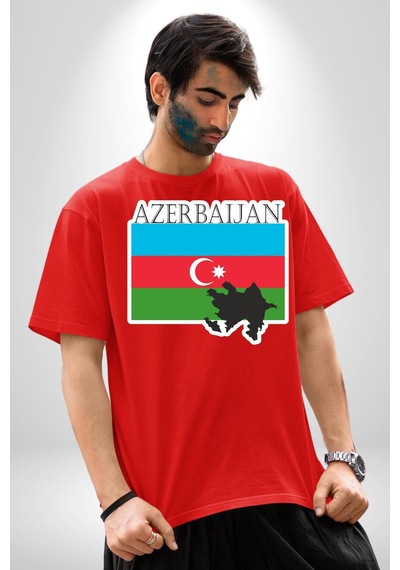 Azerbeycan Bayrak Ülke Pamuklu Bisiklet Yaka Unisex Oversize Boyfriend Dijital Baskılı Kırmızı T-shirt Kırmızı