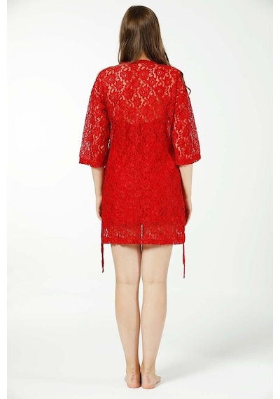 Farya Home Lingerie Özel Kutulu Dantelli Kuşaklı Sabahlıklı Sırt Detaylı Gecelik Takımı Kırmızı Dantelli Kırmızı