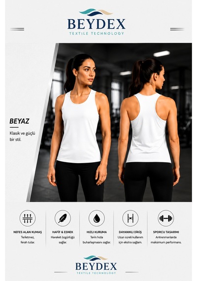 Beydex Bisiklet Yaka Sıfır Kollu Standart Kalıp Kadın Spor Atlet Beyaz