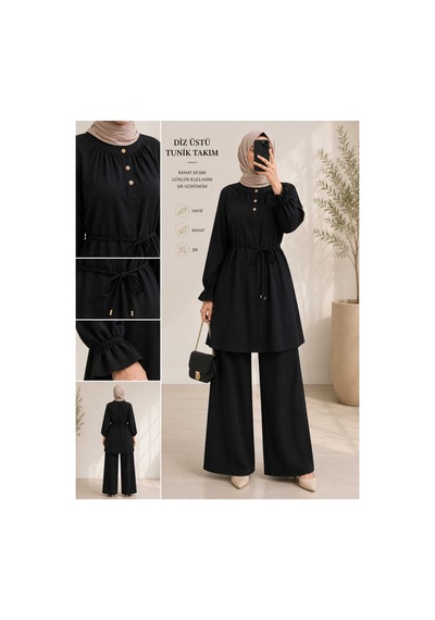 Miss Meliss Yazlık Çilek Kumaş Düğme Detaylı Beli Bağlamalı İkili Tunik - Pantolon Takım Siyah Siyah Miss Meliss Yazlık Çilek Kumaş Düğme Detaylı Beli Bağlamalı İkili Tunik - Pantolon Takım Siyah Siyah