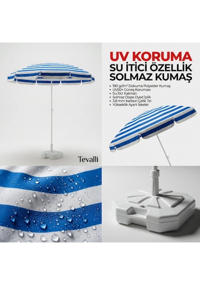 360 Dönebilen Plaj Şemsiyesi Uv Korumalı Su İtici Solmaz Kumaş 190 Gr Dokuma Polyester -mavi