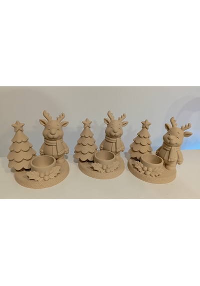 Yılbaşı Temalı Geyik Ve Çam Ağacı Temalı Dekoratif Mumluk 4'lü Set Bej