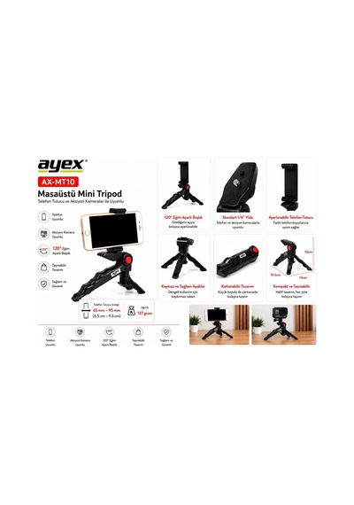 Ax-mt10 Masaüstü Mini Tripod + Telefon Tutucu, 1/4 Vida Girişli, 120 Eğim Ayarlı Başlık, Katlanabilir Kompakt Tasarım, Aksiyon Kamera Ve Telefon İle Uyumlu 9M938ATDiğer