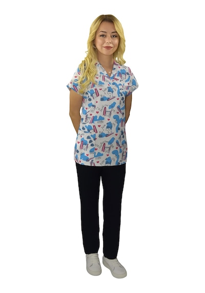Unisex Beyaz Diş Desenli Diş Hekimi, Diş Doktoru, Diş Teknisyeni Scrubs Üniforma Takım Beyaz - Siyah