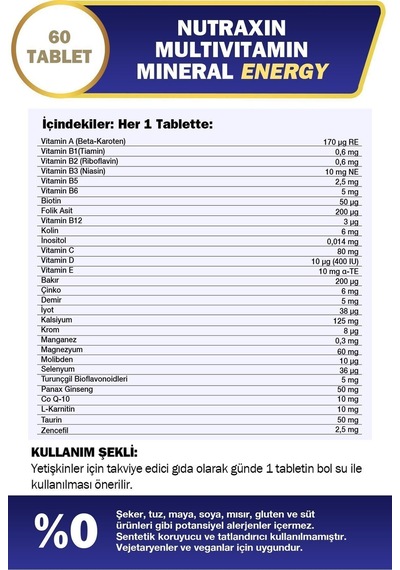 Nutraxin Multivitamin Mineral Energy 60 Tablet 2 Adet