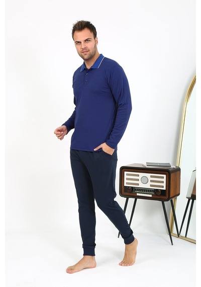 Akbeniz Erkek Polo Yaka Uzun Kol Penye Pijama Takımı Lacivert 6865 Lacivert