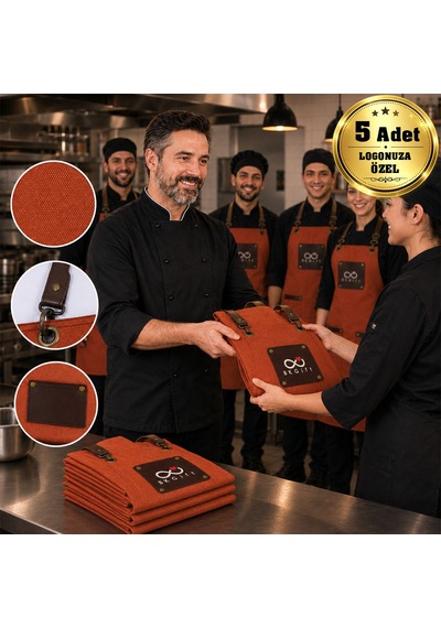 Logonuza Özel 5 Adet İstanbul Önlük Turuncu Renk Su İticili Kumaş - Vegan Deri Detaylı Profesyonel Önlük