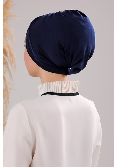 Melodi Scarf Kadın Üç Bantlı Çapraz Hazır Türban Dış Bone Lacivert Lacivert
