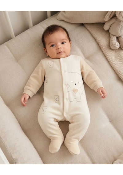 Genel Markalar Unisex Bebek Bej Ayıcık Detaylı Kadife Patikli Tulum