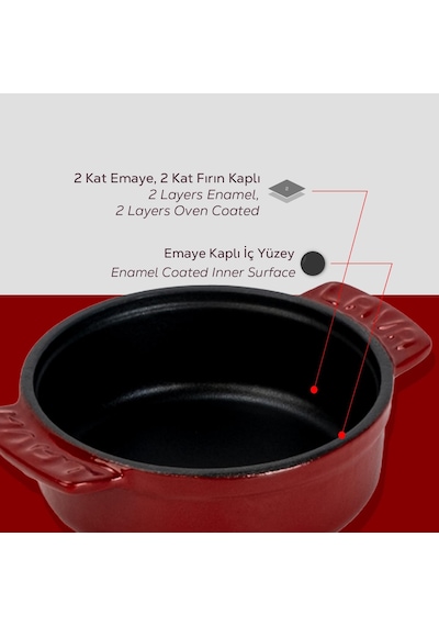 Lava Döküm Yuvarlak Güveç Kabı Döküm Demir Yekpare Çift Kulplu Çap Ø 11cm.-bordo Bordo