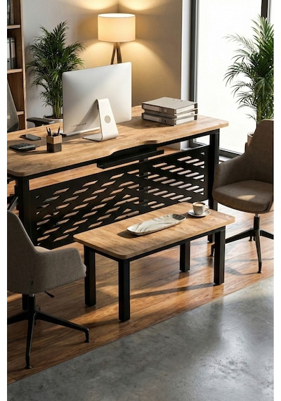 Sehpalı Büro Masası ,ofis Masası, 140 Cm. Çalışma Masası Takımı 5141 Siyah