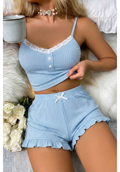 Merry See Dantelli Askılı Crop Üst Ve Fırfır Paça Mini Şortlu Pijama Takım Mavi