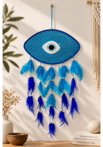 Motifli Düş Kapanı Rüya Kapanı Dream Catcher Mavi Tüylü Bohem Duvar Süsü Bohem El Yapımı Düş Kapanı Handmade