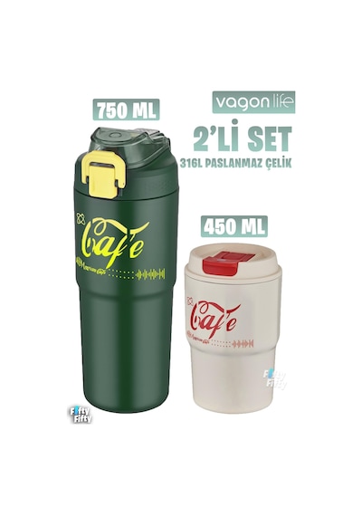Vagonlife 2'li Çelik Termos-kahve Bardağı Seti 750ml Çift Kullanım Termos//450ml Mug Kahve Bardağı Yeşil - Beyaz