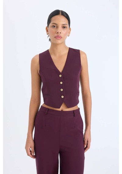 DeFacto Regular Fit V Yaka Blazer Yelek E2364AX24AUBR238 Bordo