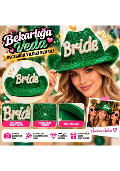 Storeşahin Yeşil Bride Gelin Şapkası Parıltılı Bekarlığa Veda Şapkası Shn0720 Diğer