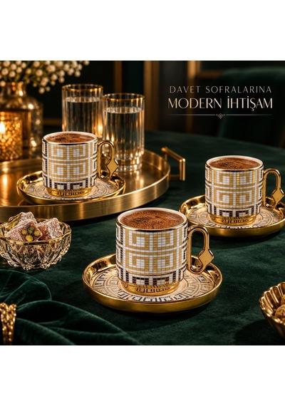 Valkyrie 12 Parça 6 Kişilik 80 Ml Geometrik Desenli Türk Kahvesi Fincan Takımı Gold K651-c