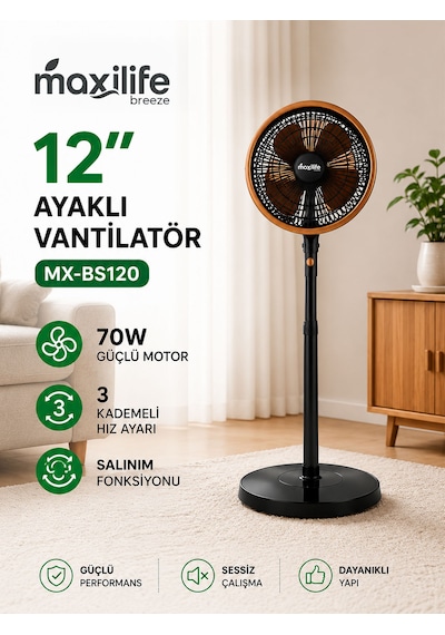 Breeze Mx-bs120 12 İnç Ayaklı Vantilatör 70w 3 Kademeli Sessiz Salınım Fonksiyonlu Vantilatör