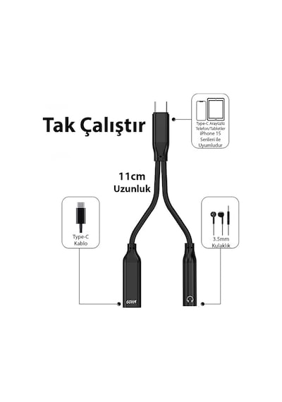 Ally Apple Uyumlu iPhone 15 Type-c Şarj + 3.5mm Kulaklık 2in1 Çevirici A