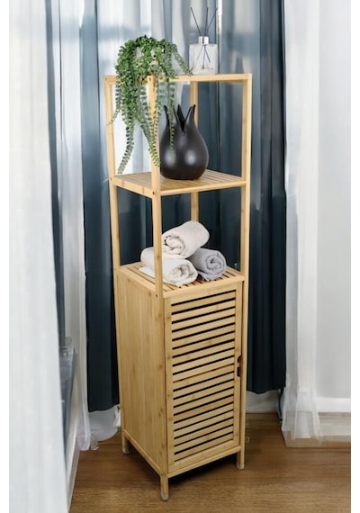 Digithome Bambu Tek Kapaklı 3 Raflı Çok Amaçlı Banyo Düzenleyici Organizer Dik Dolap Jwbw-5049