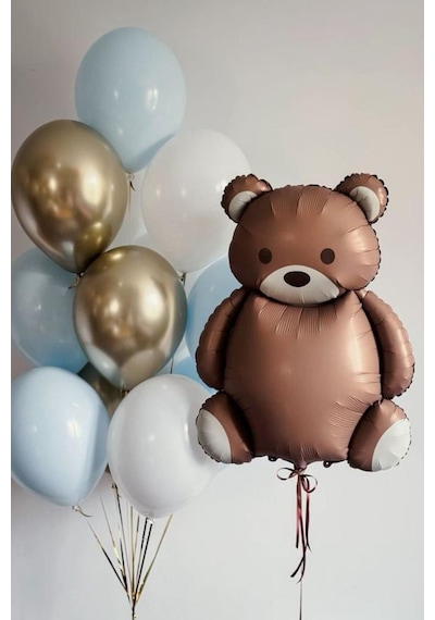 Beysüs Ayıcık Folyo Balon Seti Mavi Beyaz Ve Gold Krom Balon 10 Lu Standart